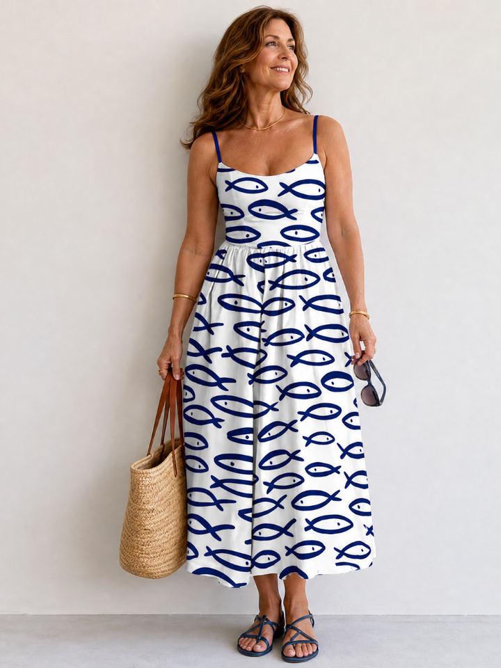 Thaloria | Fish Print Sleeveless Midi Dress