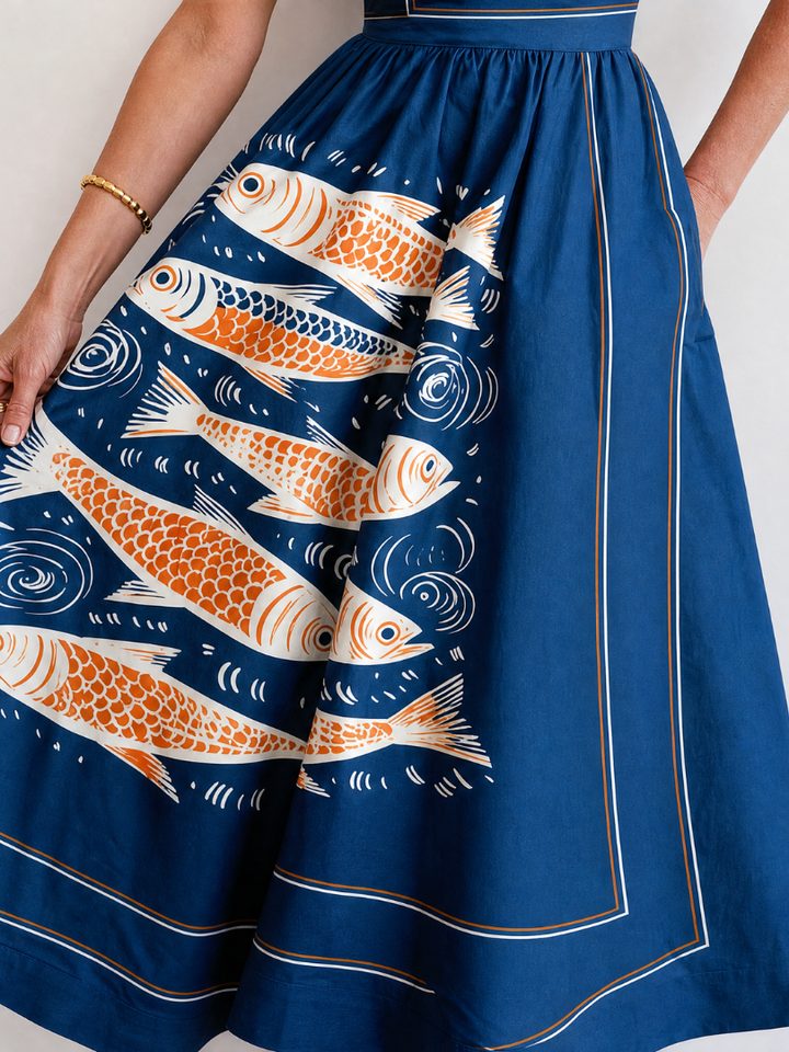 Calythene | Fish Print Sleeveless Midi Dress